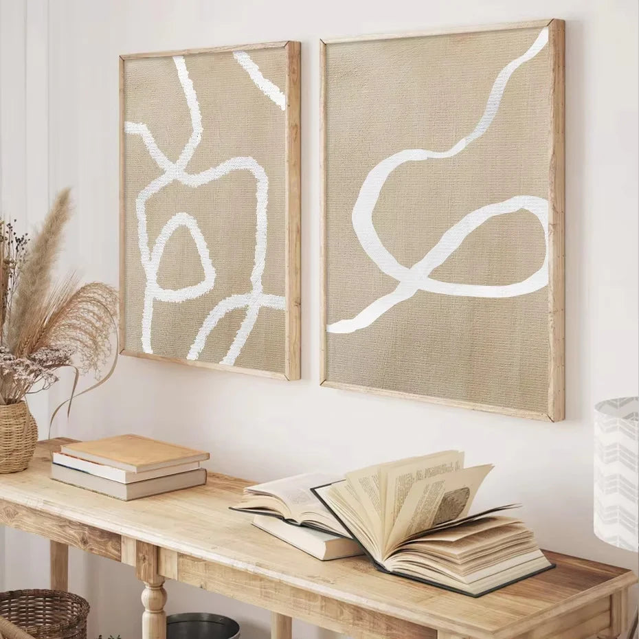 Neutral Abstract Line Art Canvas Print Set – Beige Minimalist Organic Shape Wall Art for Modern Living Room, Scandinavian Interiors & Home Décor