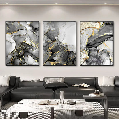 Set of 3Pcs Golden Black Grey Golden Marble Print Wall Art Fine Art Canvas Prints - Artworks For Modern Living Room Dining Room Home Office Art Decor