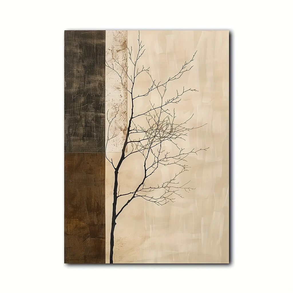 Neutral Zen Tree Branch Silhouette Wall Art – Minimalist Beige & Brown Panel Design – Modern Canvas Print for Calm Living Room Decor