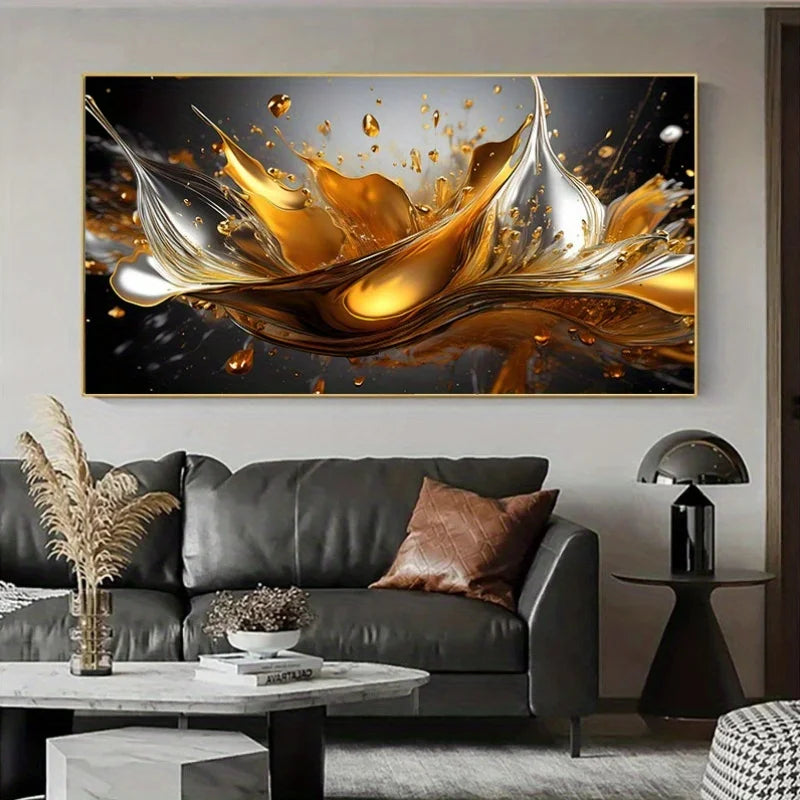Modern Gold & Silver Liquid Splash Abstract Canvas Wall Art – Luxury Unframed Art For Contemporary Apartment Living Room Decor