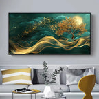 Luxury Moonlit Golden Tree Canvas Wall Art – Teal Clouds & Swirling Gold Wave Design – Contemporary Living Room Decor for Modern Apartments