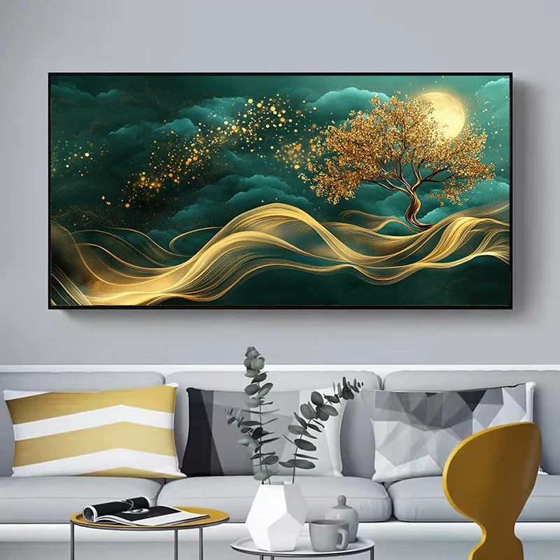 Luxury Moonlit Golden Tree Canvas Wall Art – Teal Clouds & Swirling Gold Wave Design – Contemporary Living Room Decor for Modern Apartments