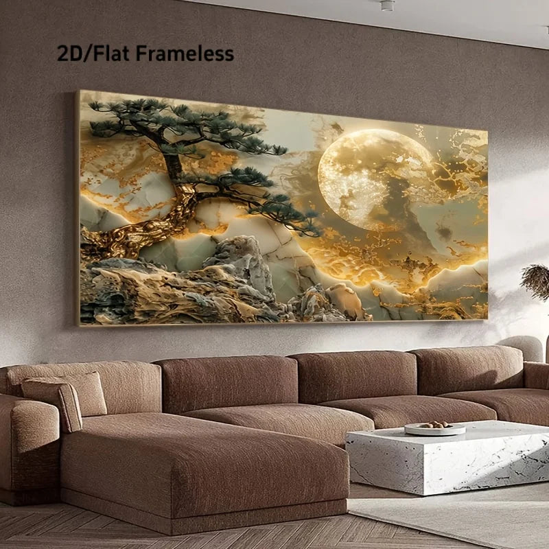 Luxury Moonlit Landscape Canvas Wall Art – Golden Clouds, Abstract Tree & Rocky Terrain Design For Modern Apartment Living Room