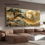 Luxury Moonlit Landscape Canvas Wall Art – Golden Clouds, Abstract Tree & Rocky Terrain Design For Modern Apartment Living Room