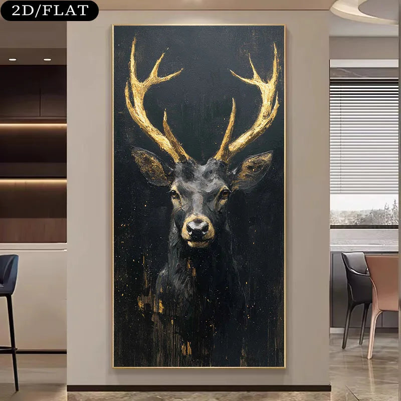 Golden Antler Deer Unframed Canvas Print Wall Art – Black Background Luxury Nordic Artwork for Modern Living Room & Foyer Art Decor