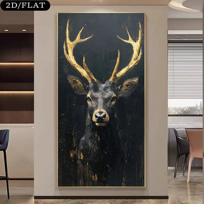 Golden Antler Deer Unframed Canvas Print Wall Art – Black Background Luxury Nordic Artwork for Modern Living Room & Foyer Art Decor