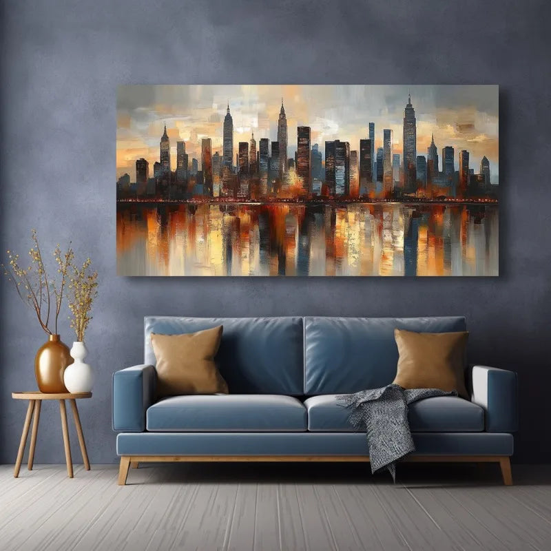 Modern City Skyline Canvas Wall Art, Abstract Wall Art Painting with Warm Sunset Hues, Print for Wall Art Decor Gifts - Noframed