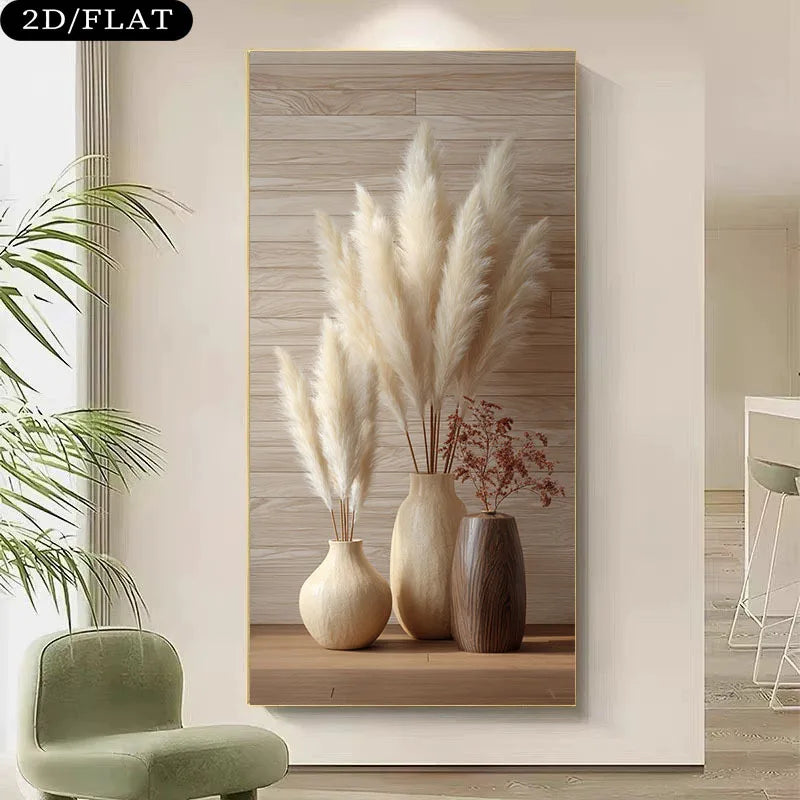 Pampas Grass Vase Unframed Canvas Print Wall Art – Minimalist Neutral Boho Decor with Beige & Brown Ceramic Vases for Modern Hallway