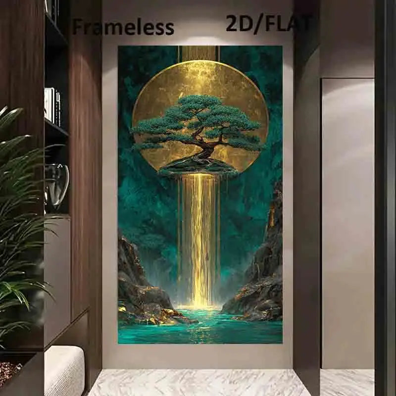 Golden Waterfall Auspicious Wall Art Unframed Canvas Print – Surreal Golden Sun & Turquoise Nature Scene for Modern Living Room Foyer Decor