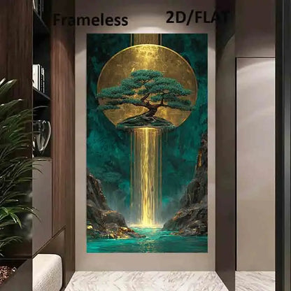 Golden Waterfall Auspicious Wall Art Unframed Canvas Print – Surreal Golden Sun & Turquoise Nature Scene for Modern Living Room Foyer Decor