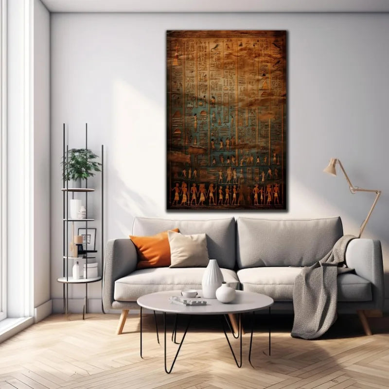 Large Ancient Egyptian Hieroglyphs Unframed Canvas Print Wall Art – Brown & Turquoise Historical Symbolic Artwork for Modern Bedroom