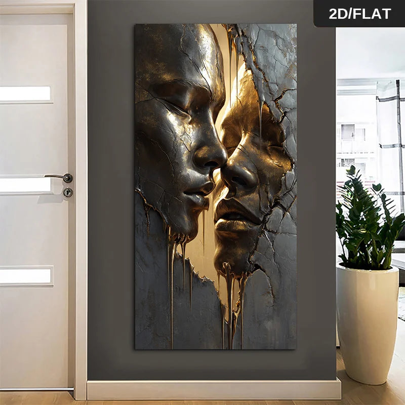 Black & Liquid Golden Faces Wall Art – Modern Textured Abstract Lovers Design Artwork for Luxury Hallway, Foyer & Statement Home Decor