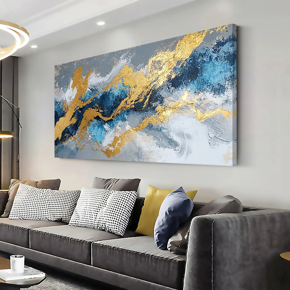 Modern Golden Blue Abstract Canvas Wall Art Frameless Print, for Living Room, Bedroom, Office, Dining Room, High Quality Canvas