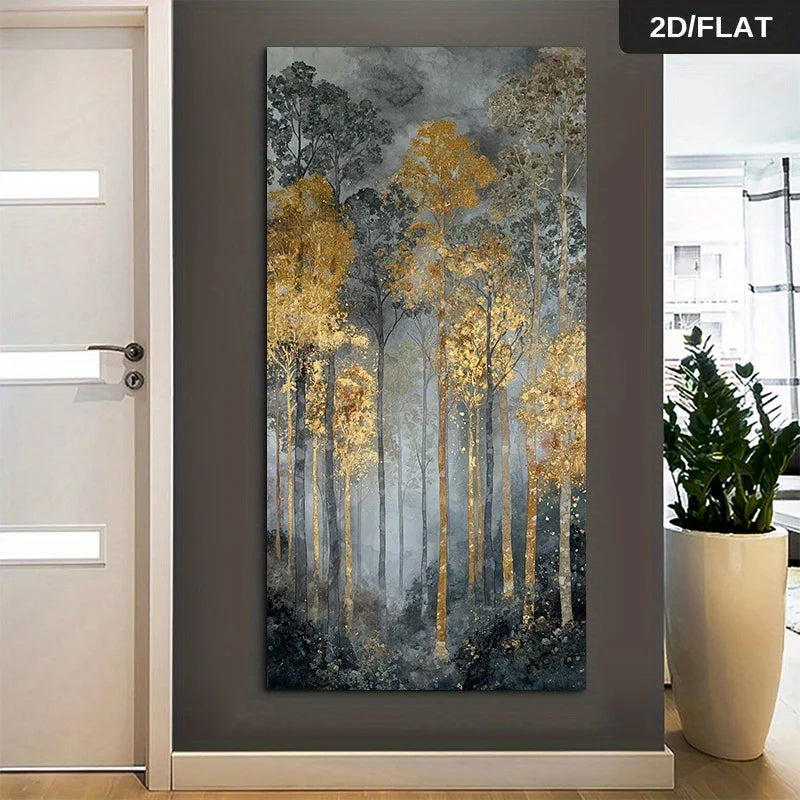 Golden Autumn Forest Unframed Canvas Wall Art – Vertical Format Landscape Print Misty Woodland Nature Painting for Modern Hallway