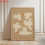 Minimalist White Bird Wall Art – Modern Geometric Tan Background Illustration – Playful Canvas Print for Modern Nursery Kids’ Room Decor