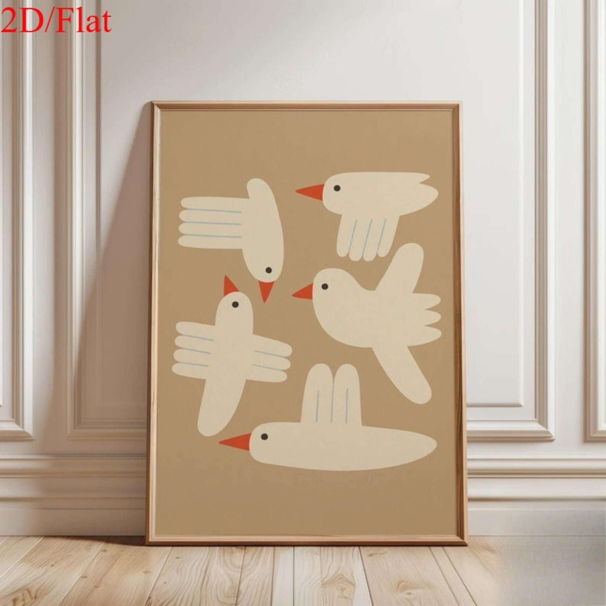 Minimalist White Bird Wall Art – Modern Geometric Tan Background Illustration – Playful Canvas Print for Modern Nursery Kids’ Room Decor