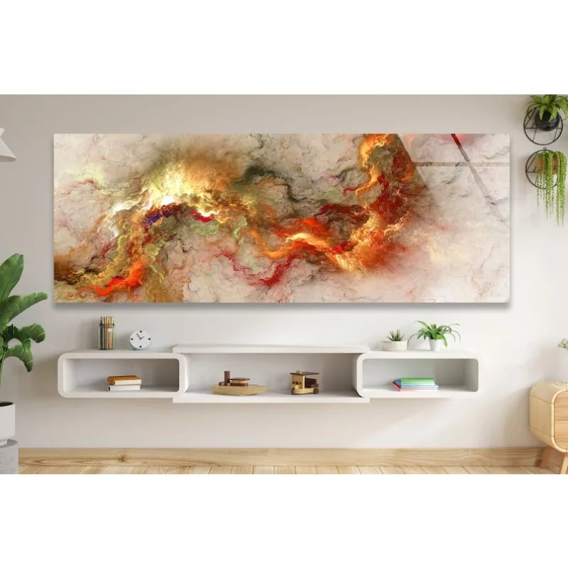 Large Fiery Abstract Swirl Wide Format Canvas Print Wall Art – Red Orange Gold Cloudscape Painting for Modern Bedroom Above Bed Decor