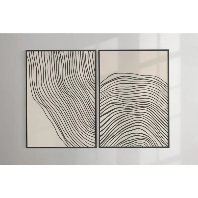 Large Minimalist Black Wavy Line Art Unframed Canvas Print on Neutral Beige Background for Modern Scandinavian Living Room and Contemporary Home Wall Décor