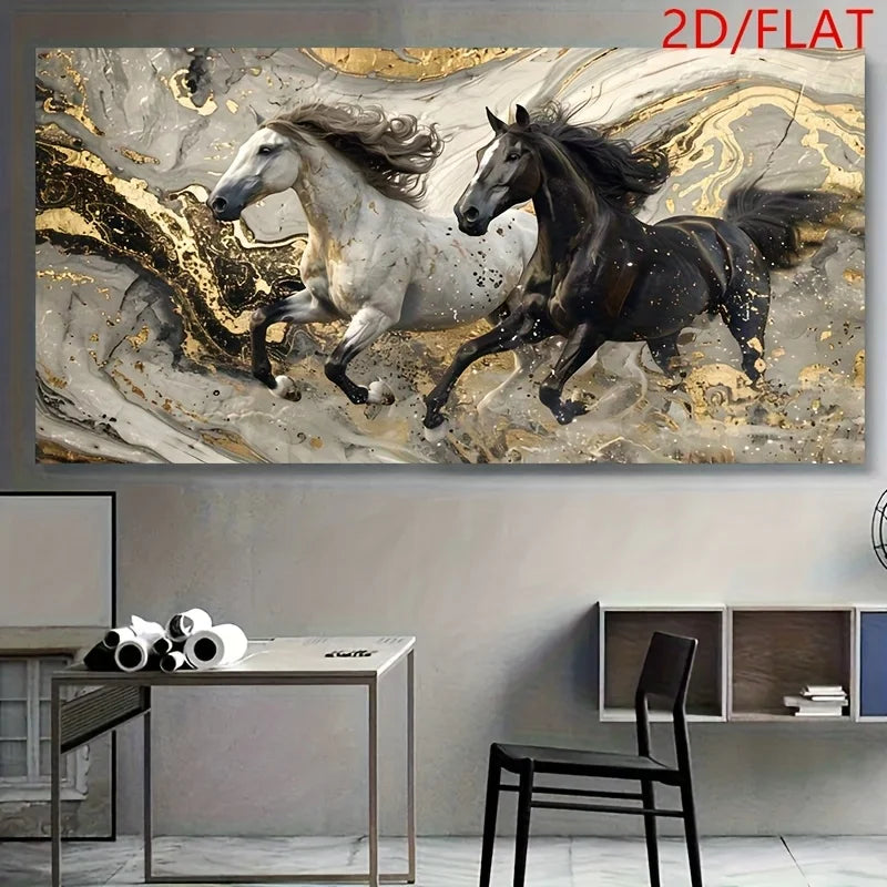 Modern Abstract Horse Canvas Wall Art, Frameless Golden Accent Wall Art Pictures Dynamic Horse Canvas Print For Home Decortions