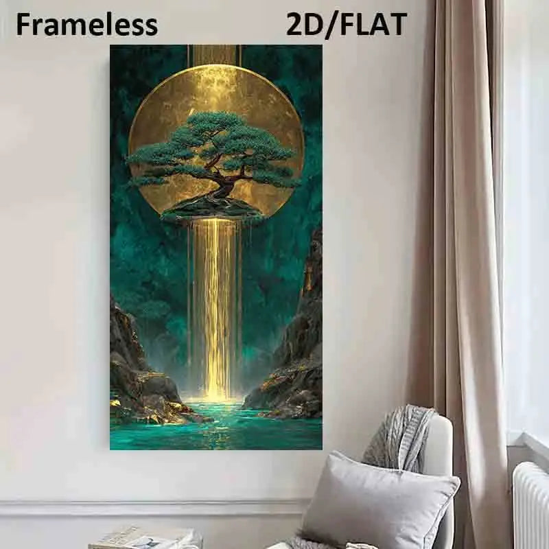 Golden Waterfall Auspicious Wall Art Unframed Canvas Print – Surreal Golden Sun & Turquoise Nature Scene for Modern Living Room Foyer Decor