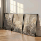Soft Neutral Cloudscape Wall Art Set – Atmospheric Gray & Cream Sky Panorama – Canvas Prints for Minimalist Living Room Decor