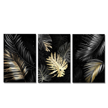 Set of 3PCs Golden Monstera Wall Art Fine Art Canvas Prints - Modern Tropical Botanical Pictures For Living Room Dining Room Art For Contemporary Interiors