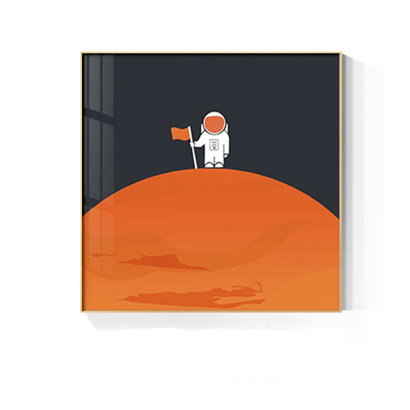 Space Mars Astronaut Cute Kid's Room Wall Art Fine Art Canvas Prints - Colorful Modern Retro Art For Office Meeting Room Inspirational Art For Contemporary Interiors