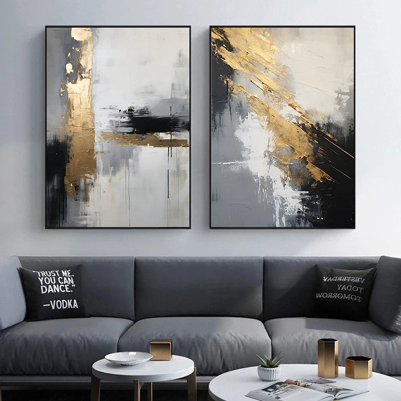 Urban Abstract Black Grey Golden Wall Art Fine Art Canvas Prints - Art For Modern Apartment Living Room Dining Room Art For Contemporary Home Office Interiors