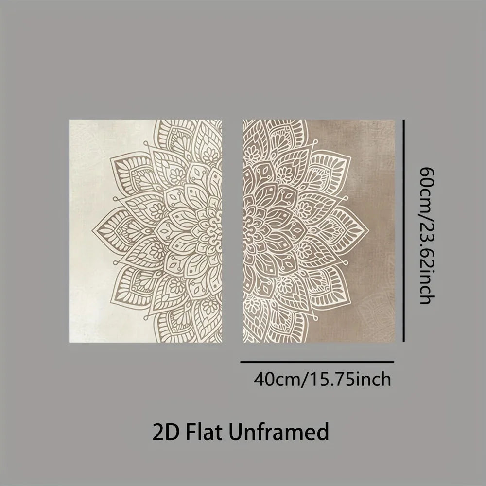Neutral Mandala Floral Wall Art Set – Intricate White Symmetrical Pattern on Beige & Taupe – Canvas Prints For Living Room & Bedroom Decor