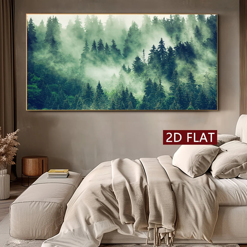 Misty Evergreen Forest Unframed Canvas Print Wall Art – Wide Format Landscape Artwork for Living Room, Bedroom & Above The Sofa Decor