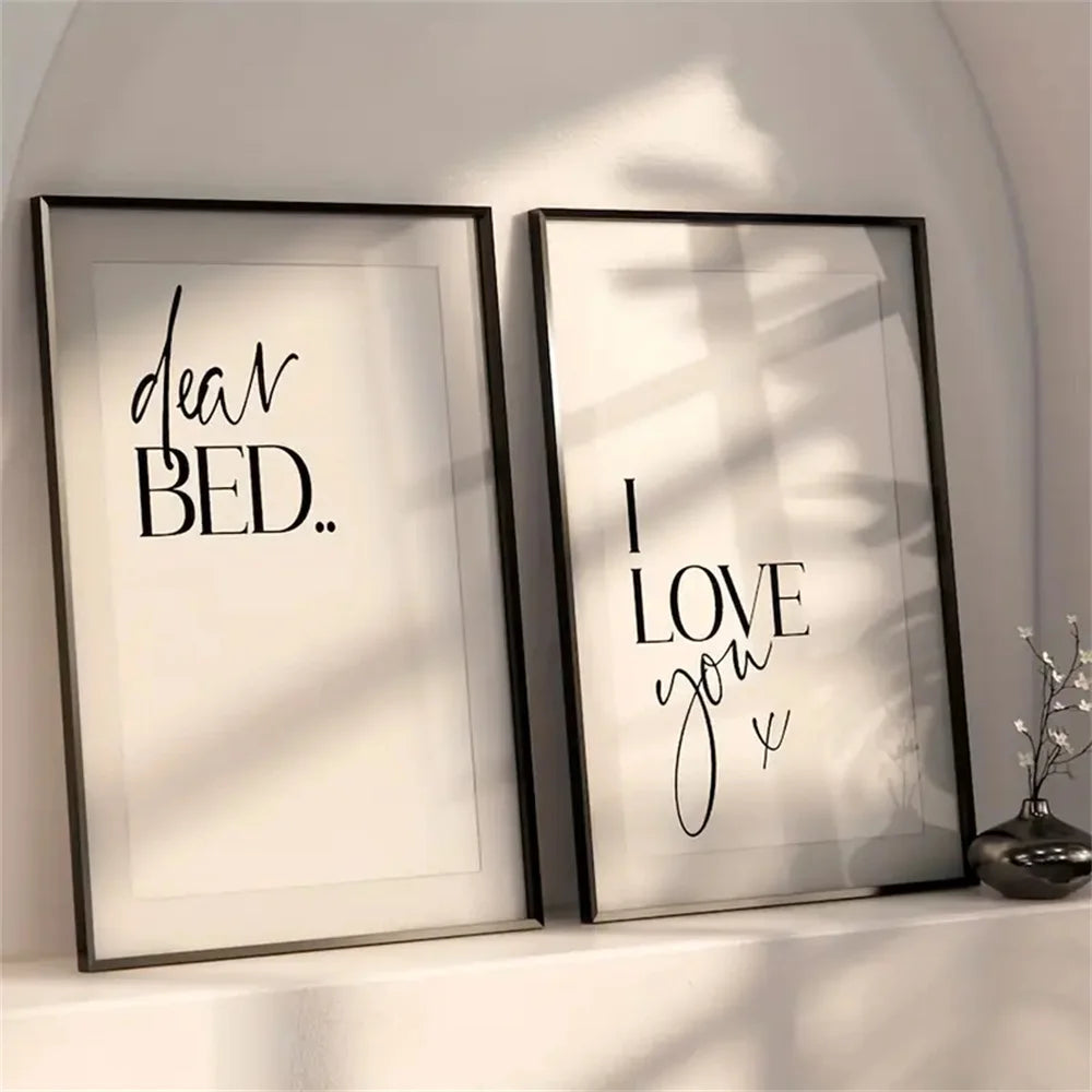 Minimalist Bedroom Quote Wall Art Set – “Dear BED” & “I LOVE you” Typography Prints for Cozy Bedroom & Contemporary Home Decor