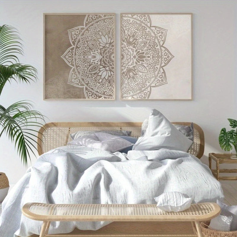 Neutral Mandala Wall Art Set – Intricate Floral & Geometric Pattern Design – Symmetrical Canvas Print Set for Modern Foyer Decor