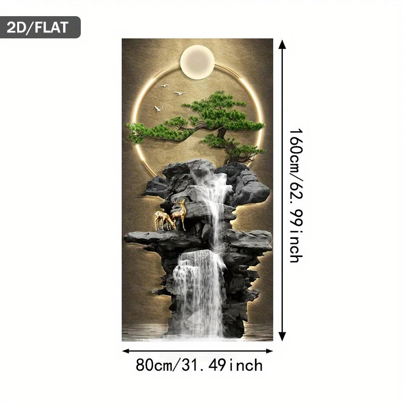 Luxury Golden Deer Waterfall Unframed Canvas Print Wall Art – Modern Zen Landscape Foyer Art with Bonsai Tree, Moon Ring & Birds