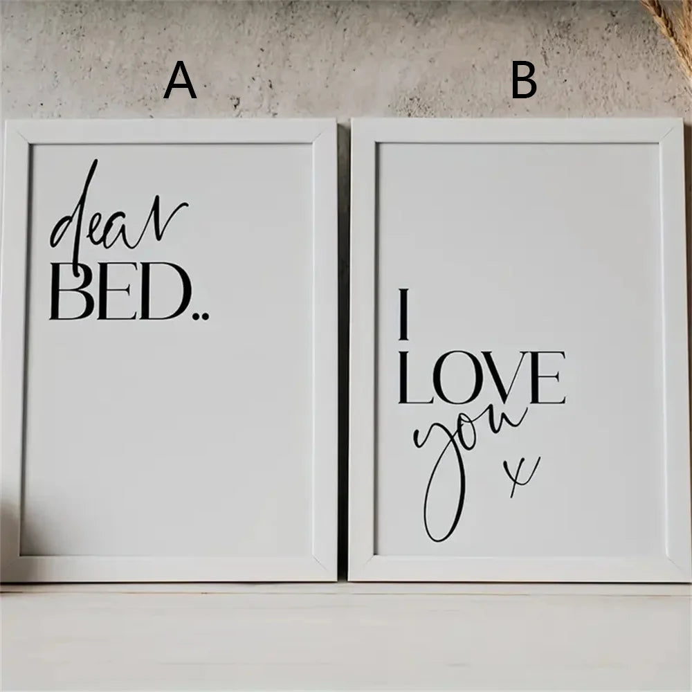 Minimalist Bedroom Quote Wall Art Set – “Dear BED” & “I LOVE you” Typography Prints for Cozy Bedroom & Contemporary Home Decor