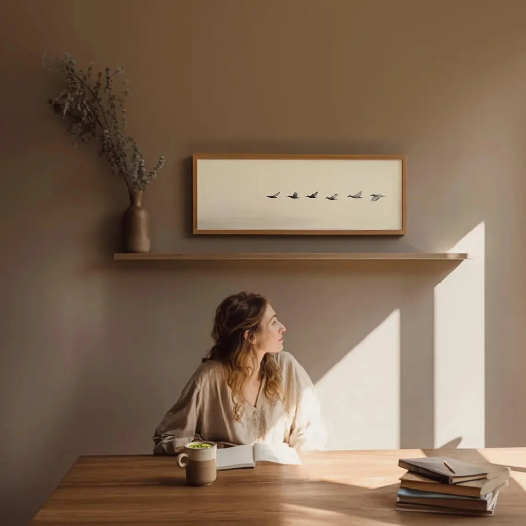 Minimalist Flock of Birds Wall Art – Neutral Modern Living Room Decor – Wide Format Canvas Print for Above The Bed Art For Above The Sofa