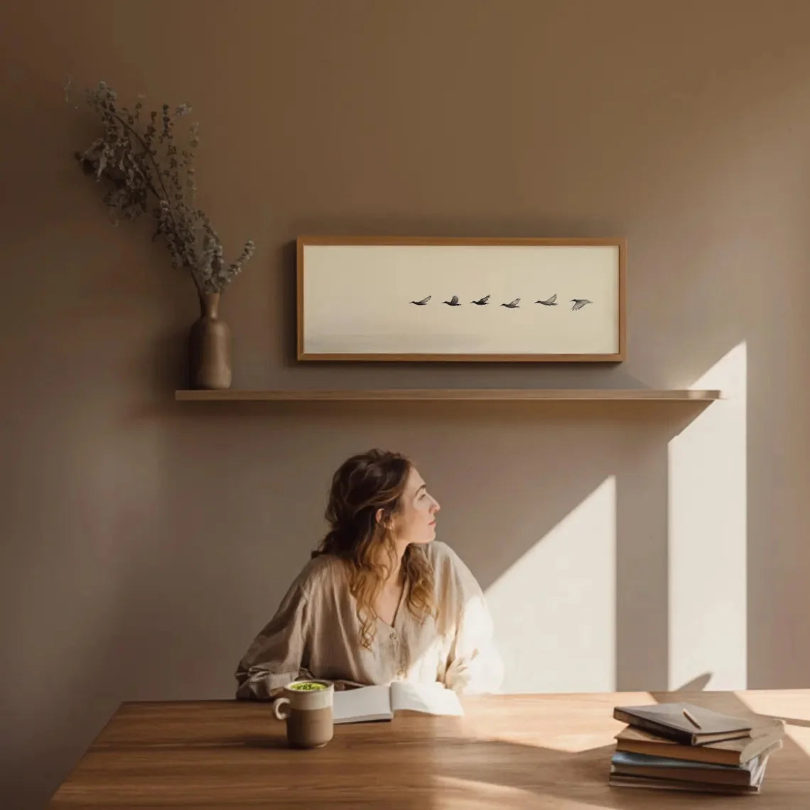 Minimalist Flock of Birds Wall Art – Neutral Modern Living Room Decor – Wide Format Canvas Print for Above The Bed Art For Above The Sofa