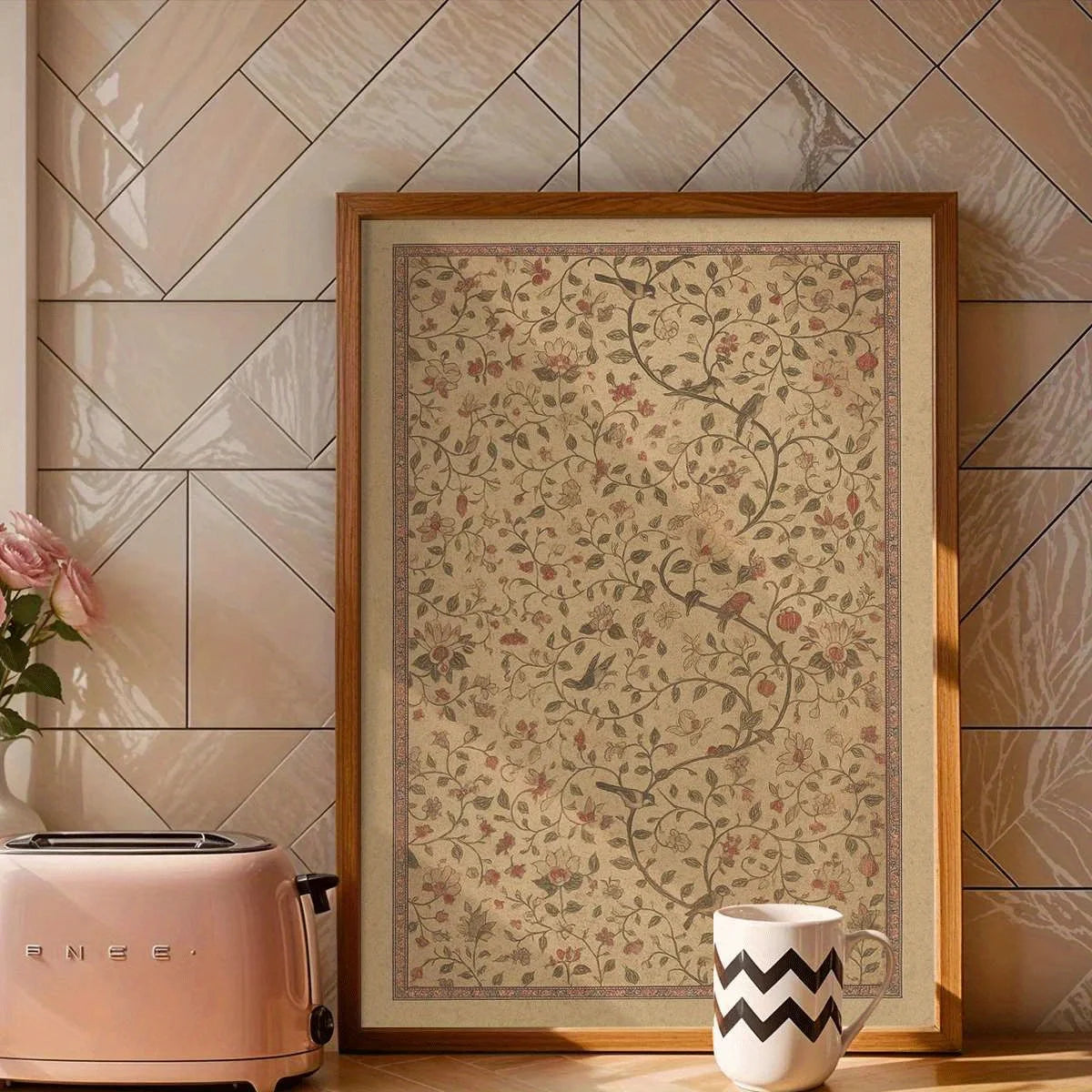 Vintage Floral Bird Wall Art – Intricate Beige Botanical Vine Pattern Design – Classic Canvas Artwork for Cozy Kitchen, Cottage‑Style Interiors