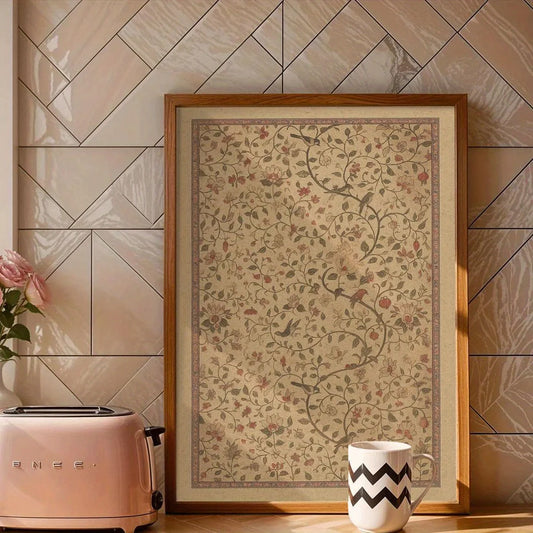 Vintage Floral Bird Wall Art – Intricate Beige Botanical Vine Pattern Design – Classic Canvas Artwork for Cozy Kitchen, Cottage‑Style Interiors