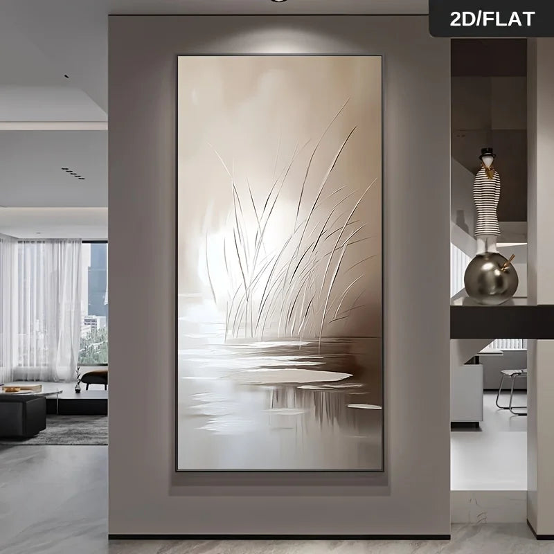 Beige Reed & Water Reflection Unframed Canvas Print Wall Art – Minimalist Neutral Abstract Painting for Modern Living Room & Foyer Decor