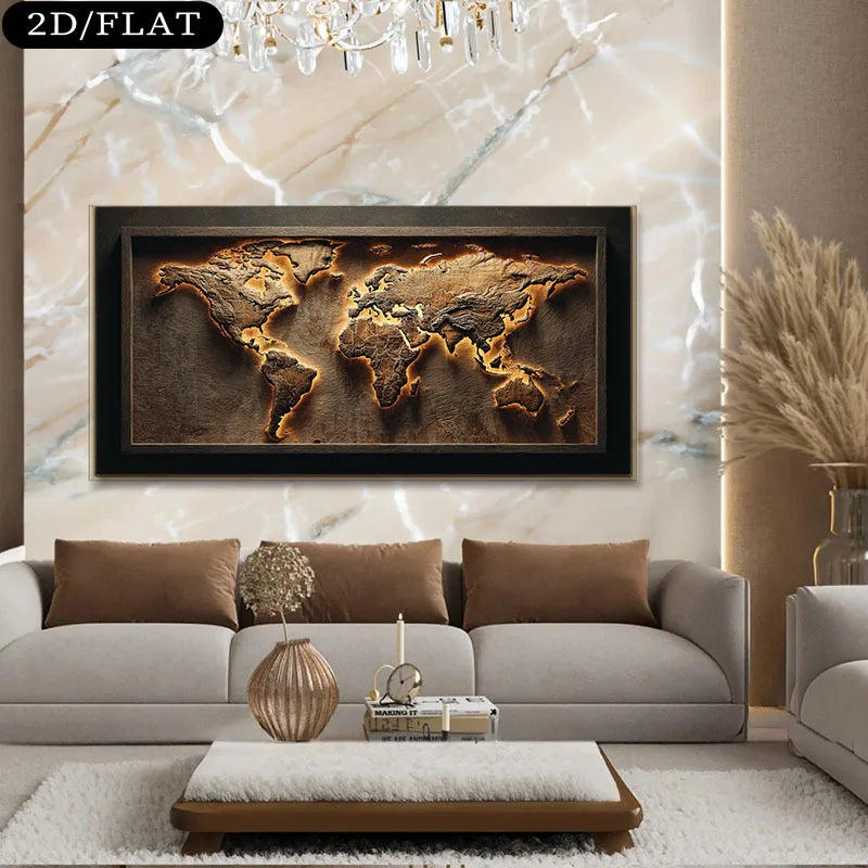 Luxury Unframed Abstract World Map Canvas Print Wall Art – Modern Neutral Living Room Statement Art Piece for Earth‑Tone Home Decor