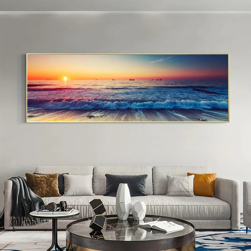 Natural Scenery Canvas Art Poster Sunset Over The Beach with Waves, for Living Rooms, Bedrooms, Offices, Artwork Without Unframe