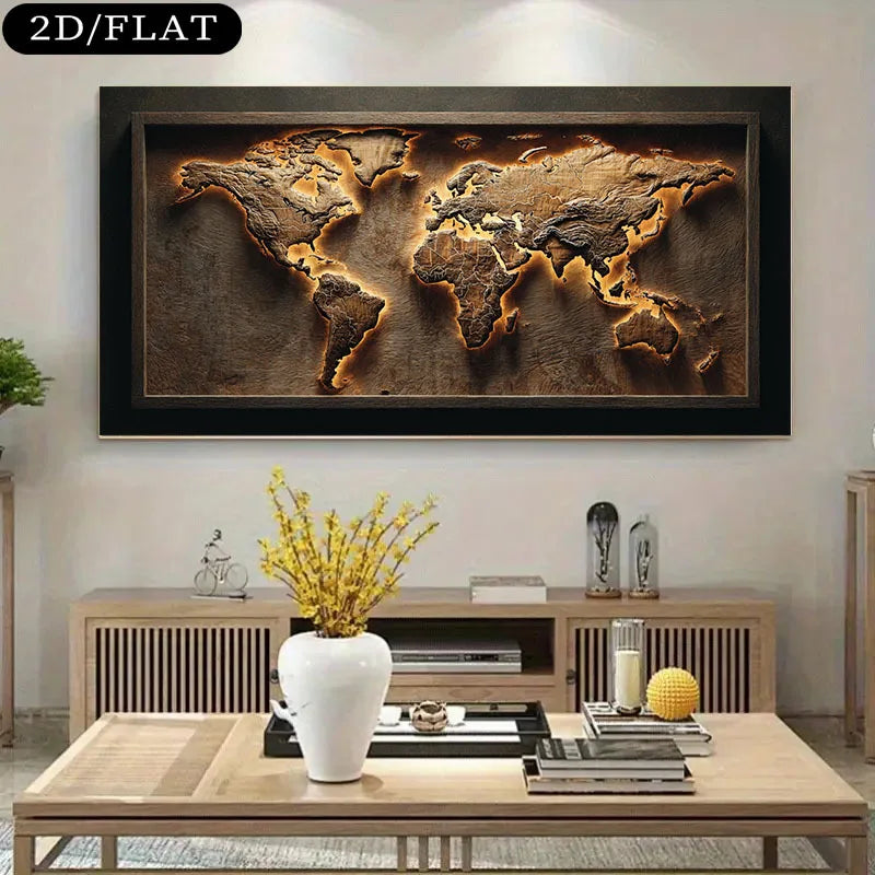 Luxury Unframed Abstract World Map Canvas Print Wall Art – Modern Neutral Living Room Statement Art Piece for Earth‑Tone Home Decor