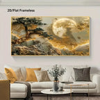 Luxury Moonlit Landscape Canvas Wall Art – Golden Clouds, Abstract Tree & Rocky Terrain Design For Modern Apartment Living Room