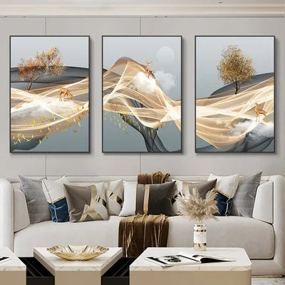 Set of 3 Pcs Flowing Abstract Auspicious Landscape Wall Art Fine Art Canvas Prints - Triptych Artworks For Living Room Dining Room Art For Home Office Decor