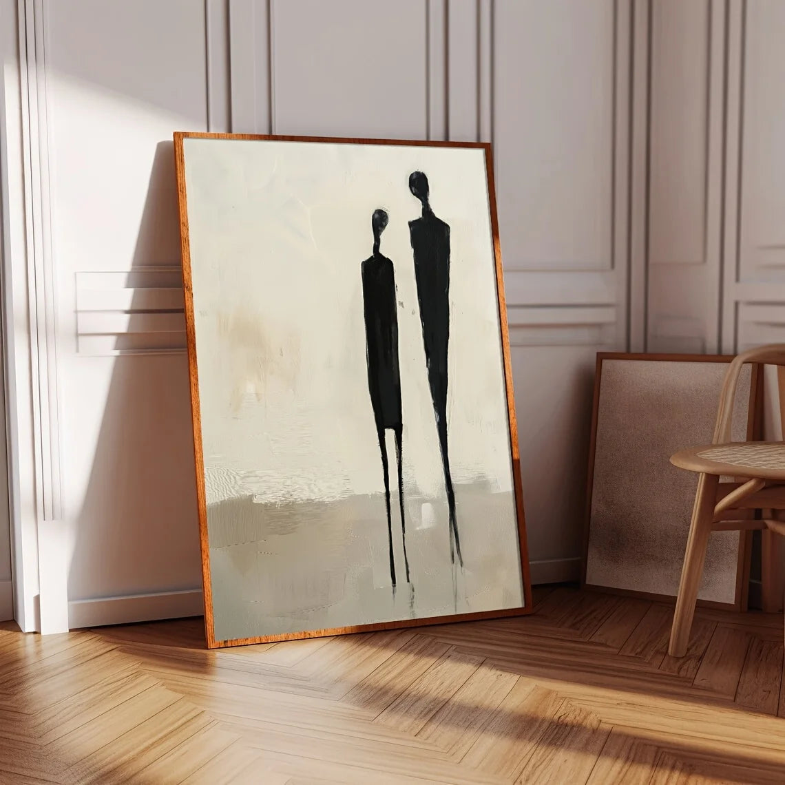 Large Minimalist Abstract Figures Canvas Print Wall Art – Neutral Black & Beige Unframed Modern Painting for Contemporary Living Room Decor