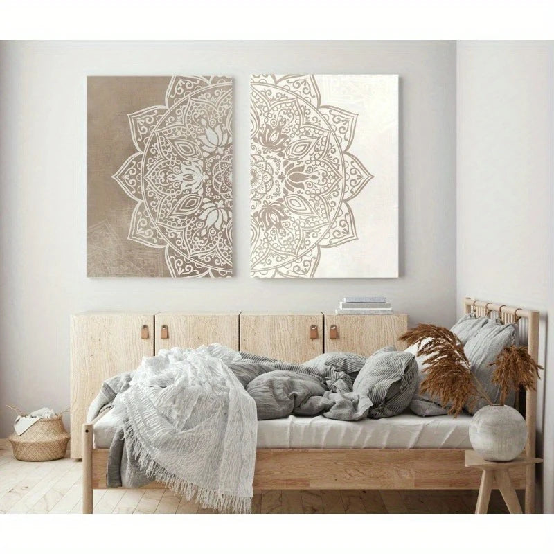 Neutral Mandala Wall Art Set – Intricate Floral & Geometric Pattern Design – Symmetrical Canvas Print Set for Modern Foyer Decor