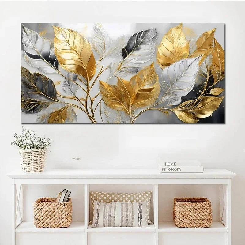 Abstract Golden Leaves Botanical Canvas Painting Wall Art Pictures Poster and Prints for Living Room Home Decor No Frameless