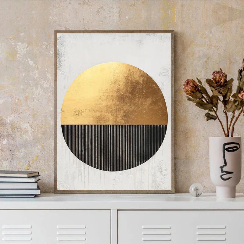 Modern Abstract Black Golden Geometric Wall Art Fine Art Canvas Prints - Modern Art For Contemporary Apartment Living Room Dining Room Bedroom Art Decor