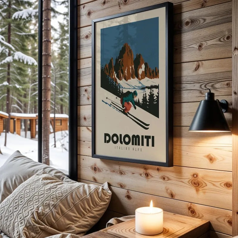 Vintage Dolomiti Ski Poster Wall Art – Retro Italian Alps Mountain Skiing Illustration – Classic Unframed Canvas Print for Rustic Cabin Lodge Decor
