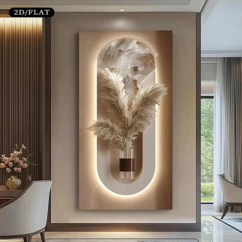 Modern Pampas Grass Wall Art – Luxury Backlit Arch Design with Neutral Textured Vase for Elegant Hallway & Minimalist Home Decor